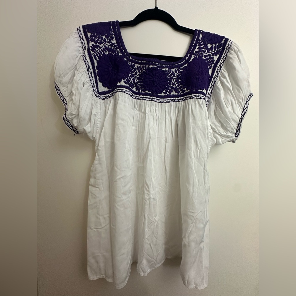 White and Purple Embroidered Women's Mexican Style Top